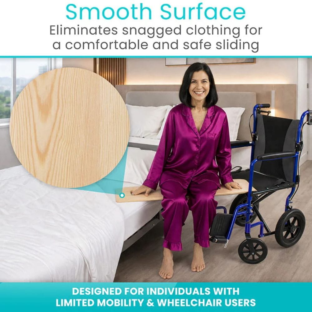 Woman in purple pajamas sitting on a bed next to a wheelchair with text about smooth surface technology.