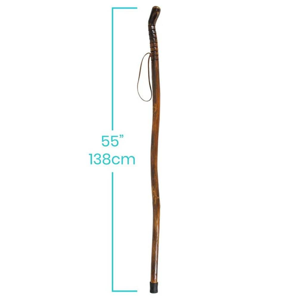 Wooden walking stick with measurement details on a white background