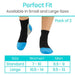 Black socks with blue toes and heels on a person's feet, with size chart for women and men.