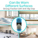 Product with anti-slip grip shown in a living room and gym setting, text indicating it can be worn on different surfaces.
