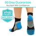 Blue and black socks with a 60-day guarantee badge on a white background