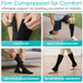Compression socks with text highlighting features like ease of use, suitability for swollen legs, and security.