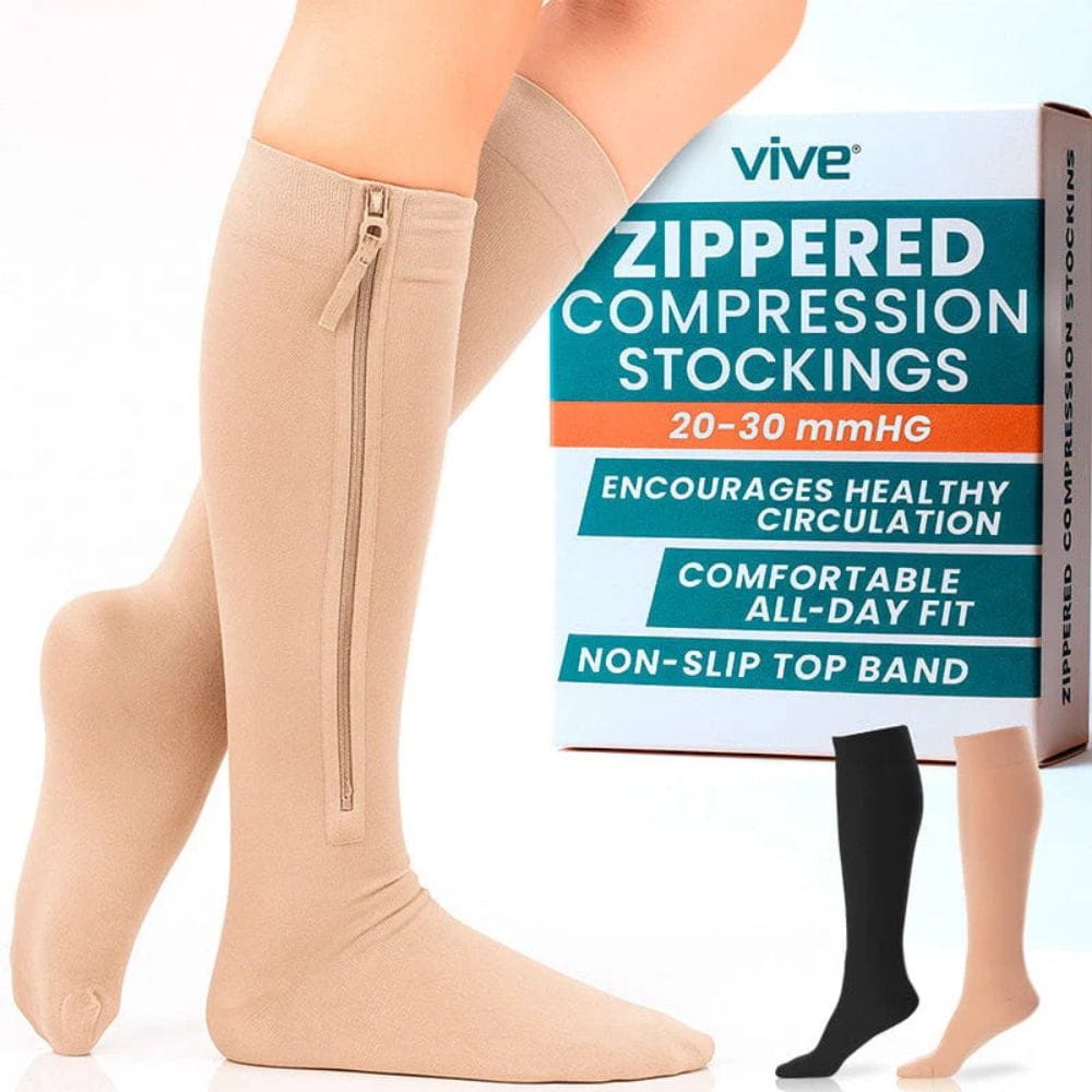 Beige zippered compression stockings with Vive packaging on a white background
