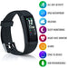Black fitness tracker with features listed on a white background