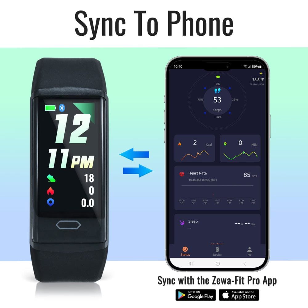 Smartwatch and smartphone displaying synchronization with Zewa-Fit Pro app on a gradient background