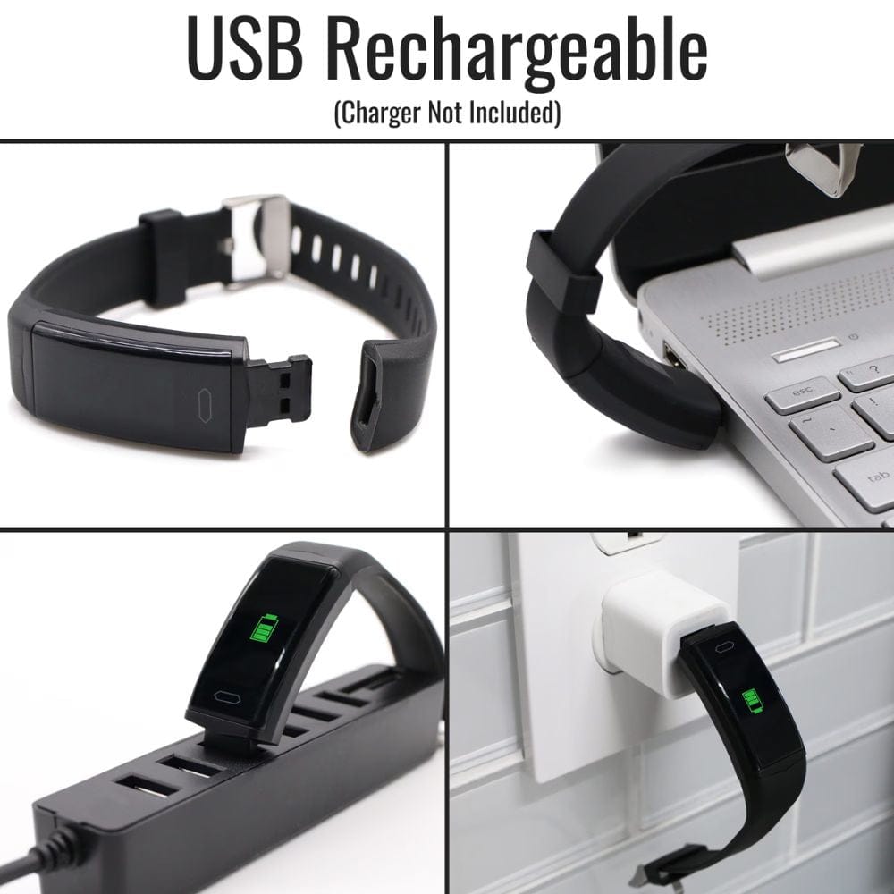 USB rechargeable device shown in various uses with text indicating it is not included.