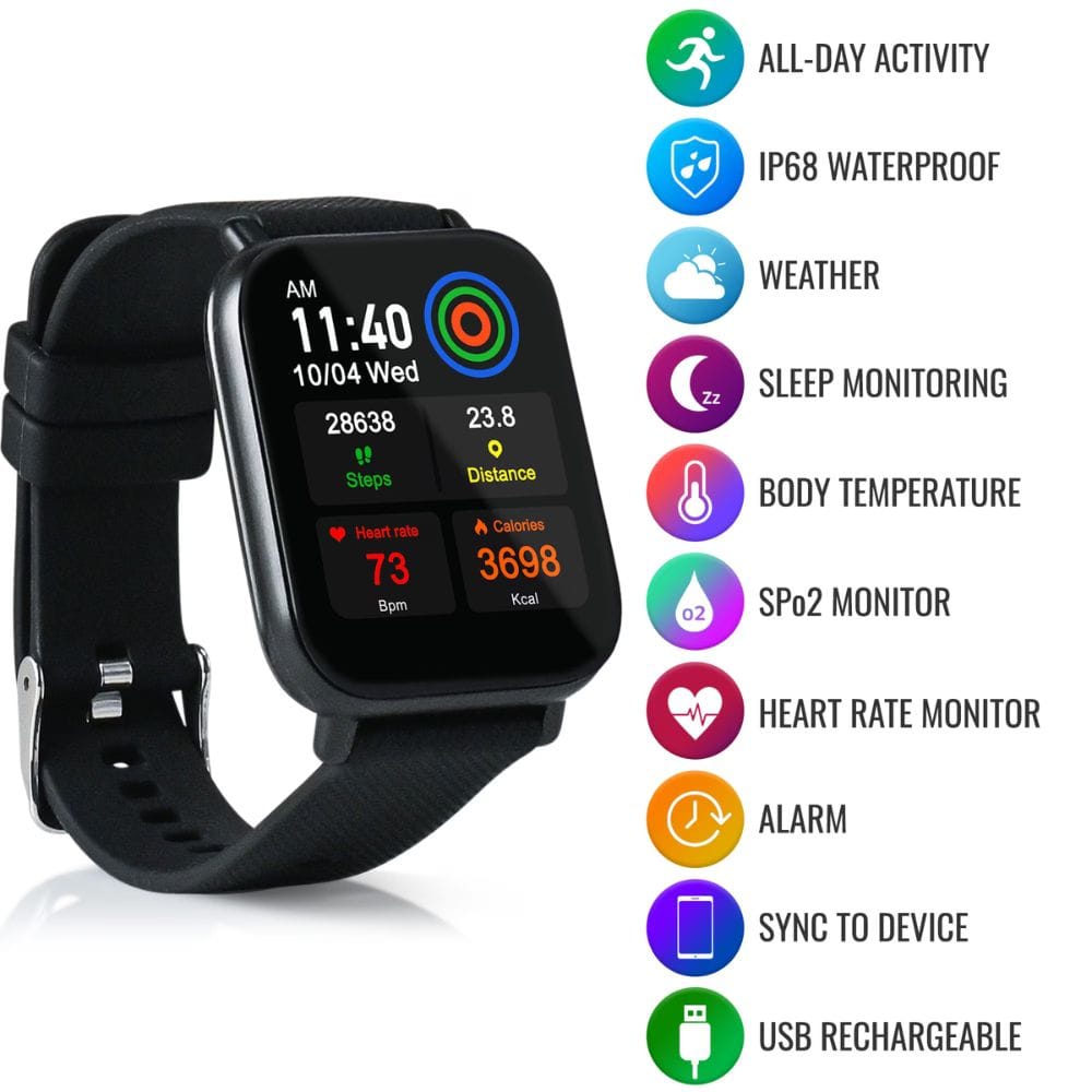 Smartwatch with various health and fitness features displayed on a white background
