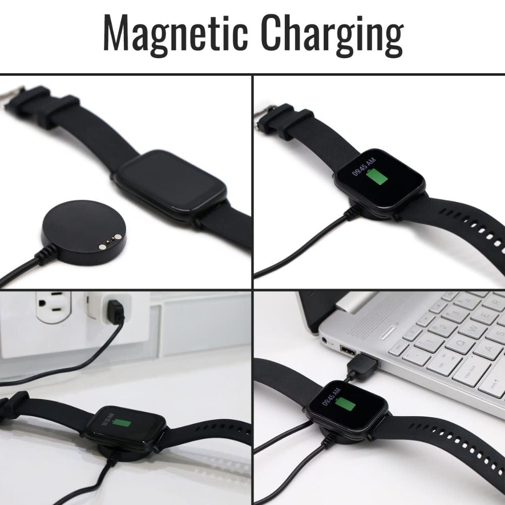 Collage of a smartwatch with magnetic charging feature in various scenarios.