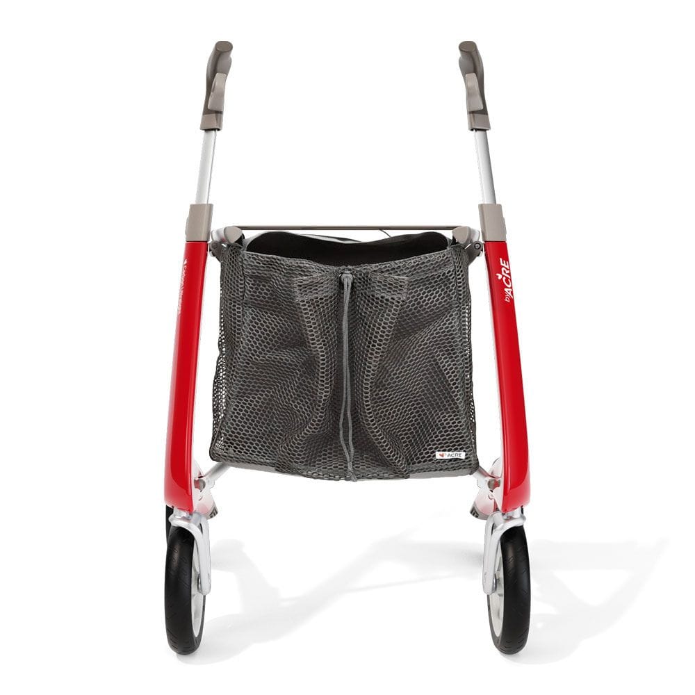 Red walker with a mesh bag attached on a white background