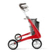 Red and gray three-wheeled stroller on a white background