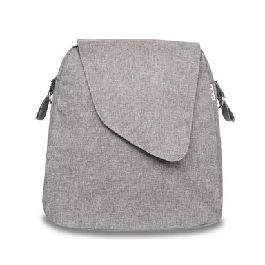 Gray backpack with a flap on a white background