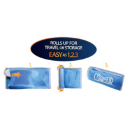 A blue Contour travel wrap shown in three steps with orange arrows and text reading 'ROLLS UP FOR TRAVEL OR STORAGE EASY AS 1,2,3' on a white background.