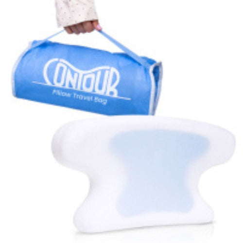 A Contour Pillow Travel Bag in blue, held by a hand, with a white contoured pillow featuring a light blue center insert shown below on a white background.