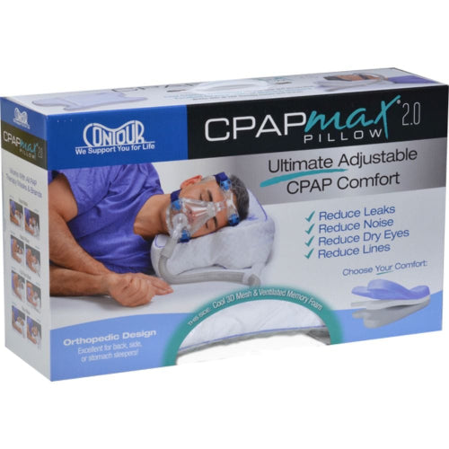 A box of OneOur CPAPmax Pillow 2.0 Ultimate Adjustable CPAP Comfort orthopedic pillow, featuring a blue and white design with product benefits listed on the front.