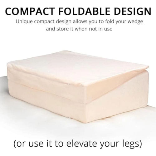 A compact foldable wedge mattress shown on a white background with text explaining its compact design and leg-elevation use.