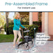 Woman using a walker with height adjustable handles outdoors, text indicating pre-assembled frame and dimensions.