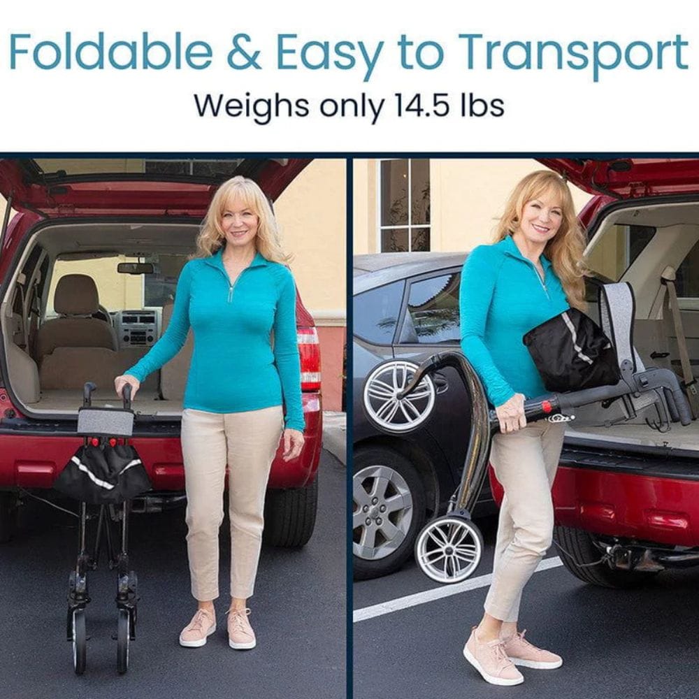 Woman with a foldable stroller next to an open car trunk, emphasizing ease of transport.