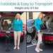 Woman with a foldable stroller next to an open car trunk, emphasizing ease of transport.