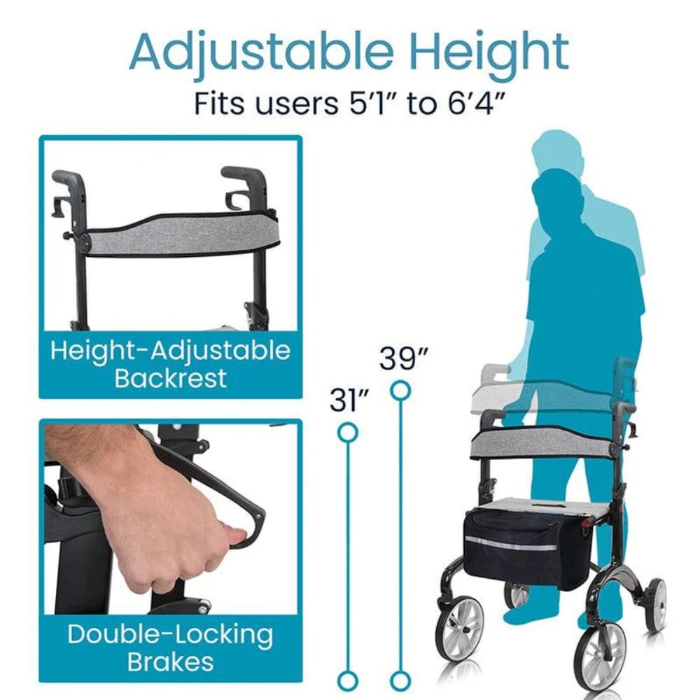 Rollator with adjustable height features and user silhouette showing compatibility.