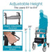 Rollator with adjustable height features and user silhouette showing compatibility.