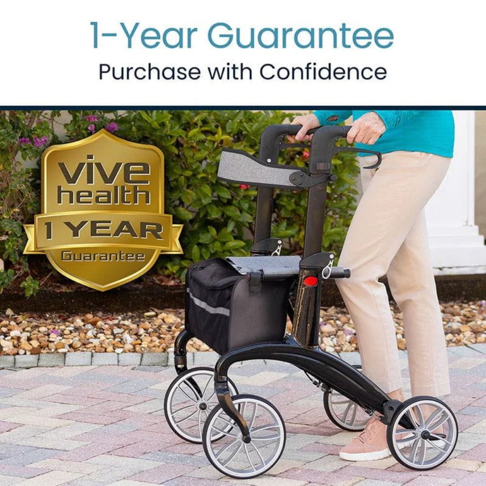 Person using a walker with Vive Health 1-Year Guarantee badge in the background