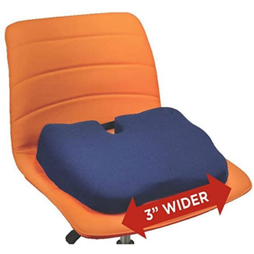 An orange upholstered chair with a navy blue contoured seat cushion placed on it, plus a red arrow graphic reading '3" WIDER' on a white background.