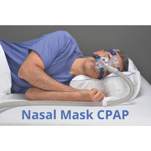 A man lying on his side in a bed wearing a nasal mask CPAP device with a breathing tube connected to it. The image has a text overlay at the bottom reading 'Nasal Mask CPAP'.