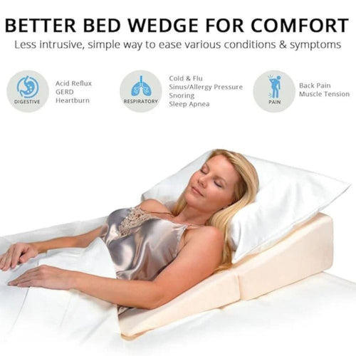 A woman reclining on a bed wedge pillow with a white pillow and bedding, shown with marketing text and icons about digestive, respiratory, and pain relief benefits.