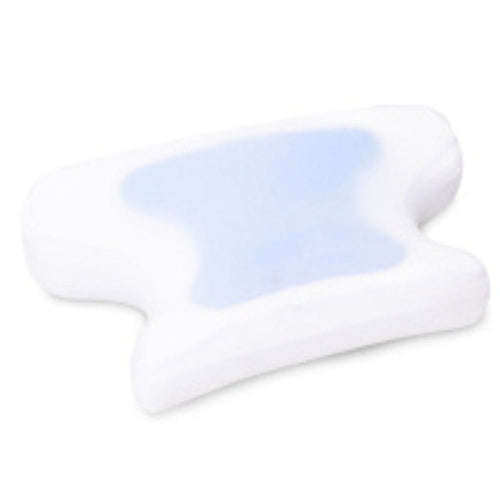 A white contoured pillow with a light blue cooling gel pad on top, shown on a plain white background.