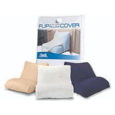Three flip-down pillow covers in beige, white, and navy blue, shown in front of their retail packaging on a white background.