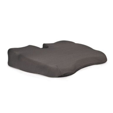 A dark gray ergonomic chair cushion with a contoured shape and a small integrated neck support, shown on a plain white background.
