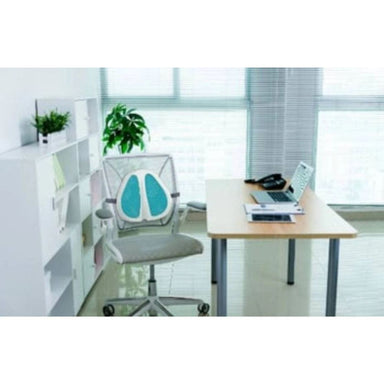 A modern home office setup featuring a light wood desk with a laptop and phone, a gray mesh office chair with a distinctive teal and gray backrest, and a white shelving unit with plants in a bright, modern room.
