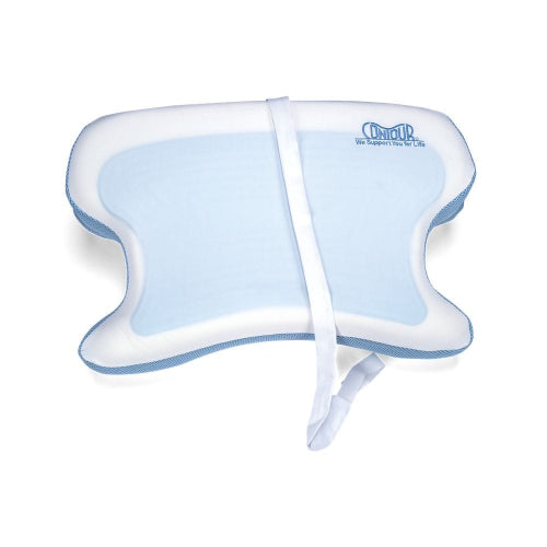 Contour neck pillow with a contoured white and light blue design, featuring a white strap and the Contour logo on the top right.