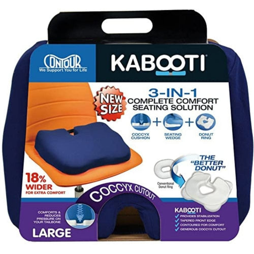 Kabooti Large 3-in-1 Complete Comfort Seating Solution in its retail packaging, featuring a coccyx cushion, seating wedge, and donut ring.