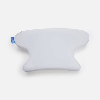 A light gray, T-shaped ergonomic support cushion or pillow with a small blue fabric tag on the left side, shown on a plain white background.