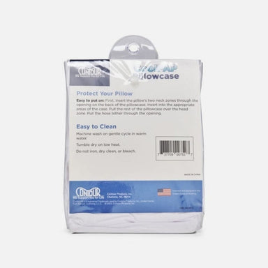 A packaged Cenip Lowcase pillow protector case shown from the back, featuring a white and blue design with product instructions and a barcode on a light gray background.