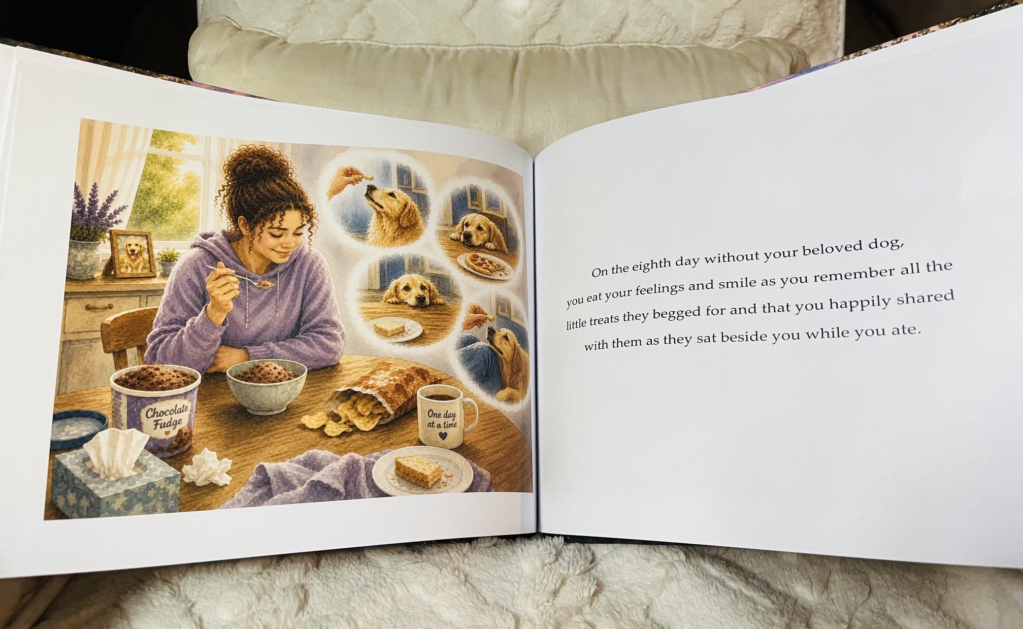 Open illustrated pages from The Days Without Your Beloved Dog about remembering shared treats